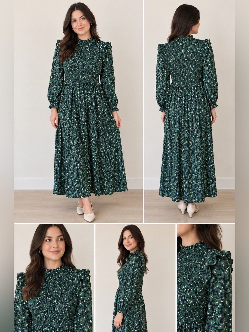 SHEIN Dark Green Floral Smocked Maxi Dress